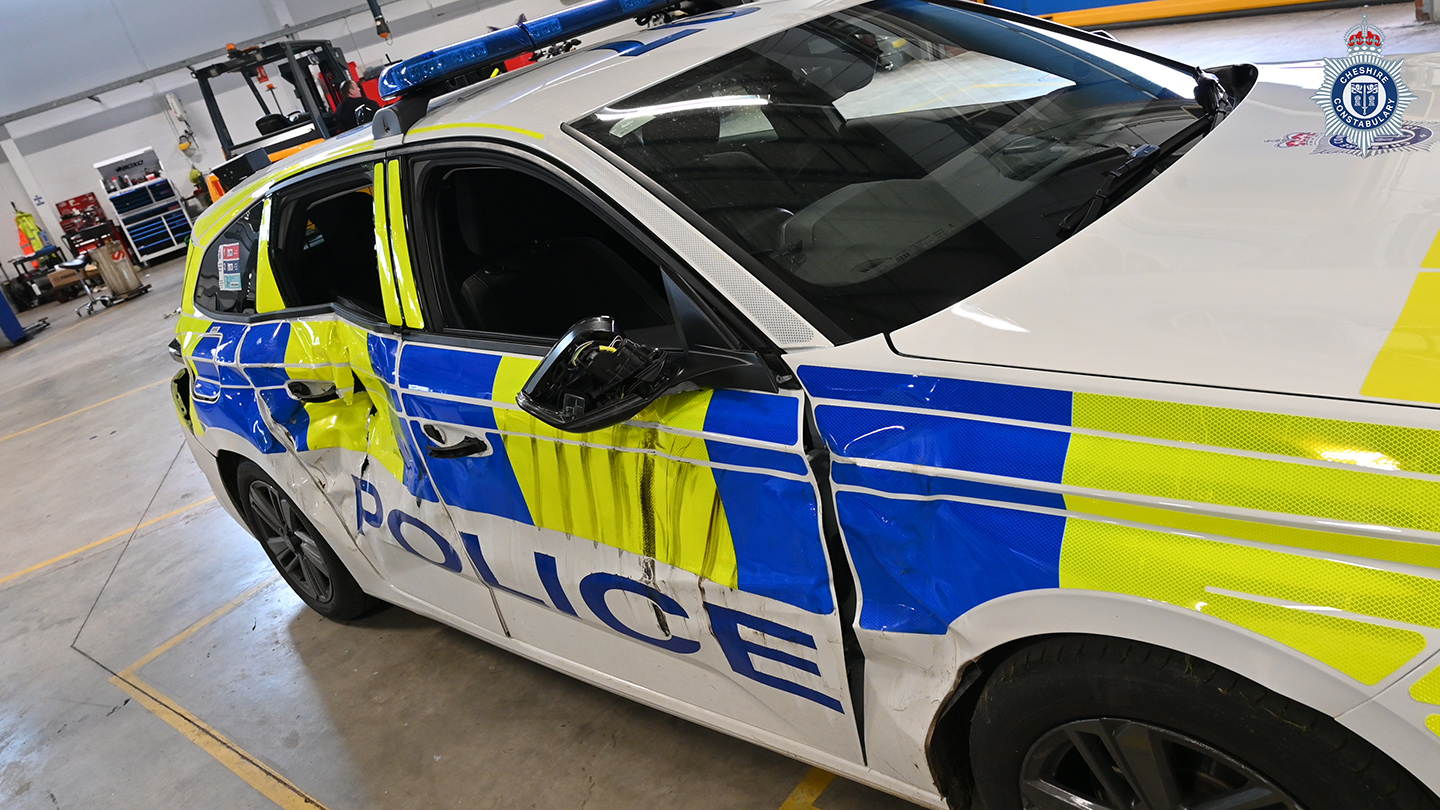 The damaged police vehicle